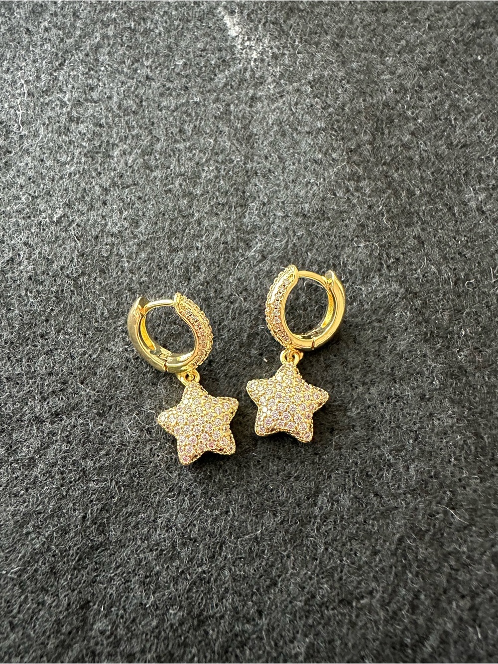 Gold Puffy Star Pave Hoop Drop Earrings